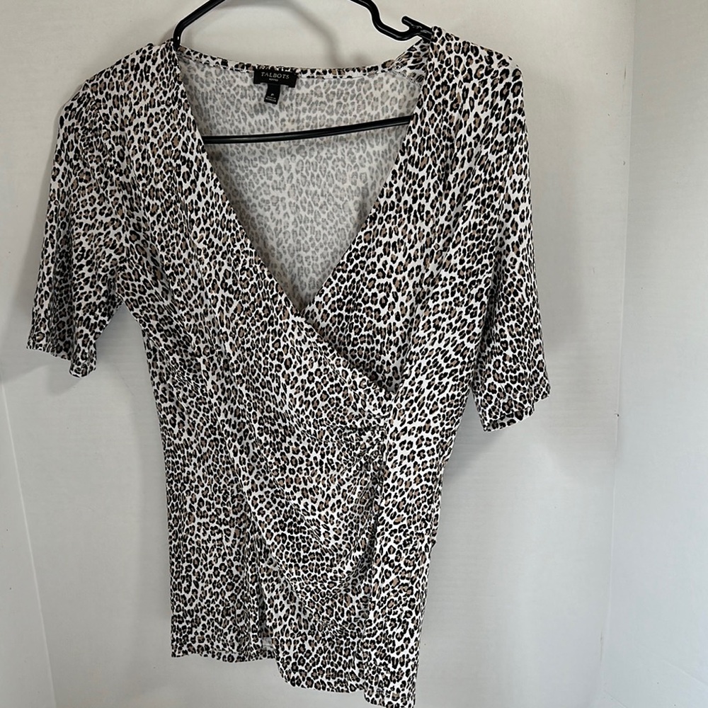 Talbots petites animal print faux wrap top size p
